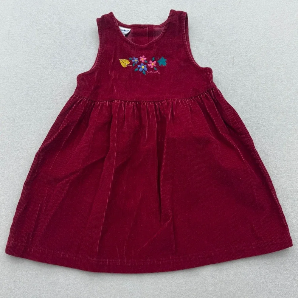 OshKosh B'gosh Jumper Dress Kids 6 Burgundy Corduroy Floral Embroidered Vintage